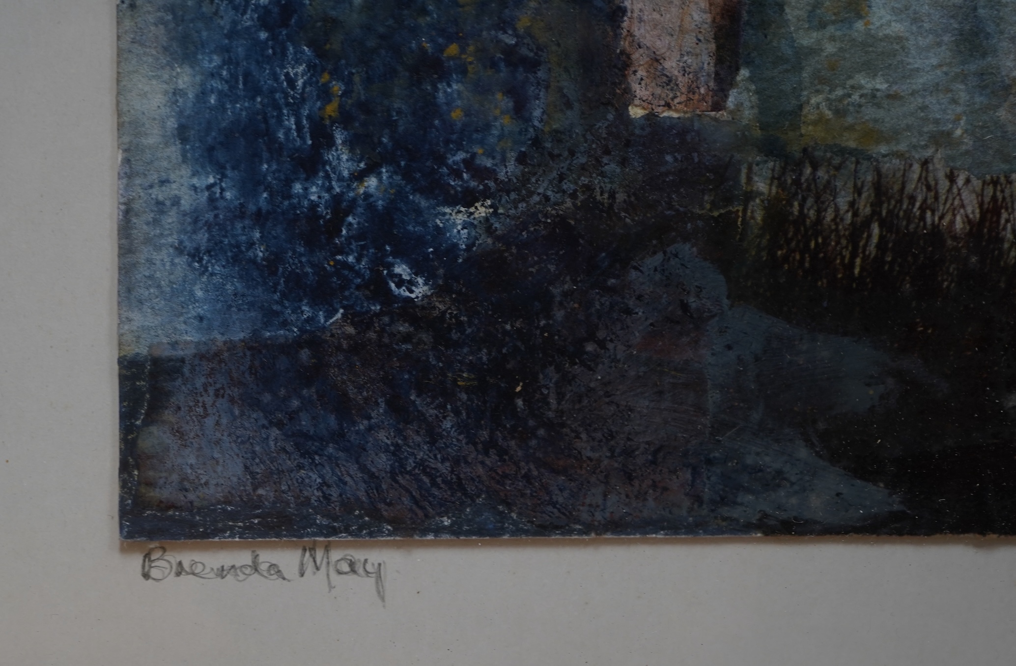 Brenda May (Modern British), a collection of five works to include a collage ‘Italian Autumn’, a pencil sketch and two collagraph prints, one titled ‘Rock Marks’, each signed in pencil, largest 58 x 41cm
